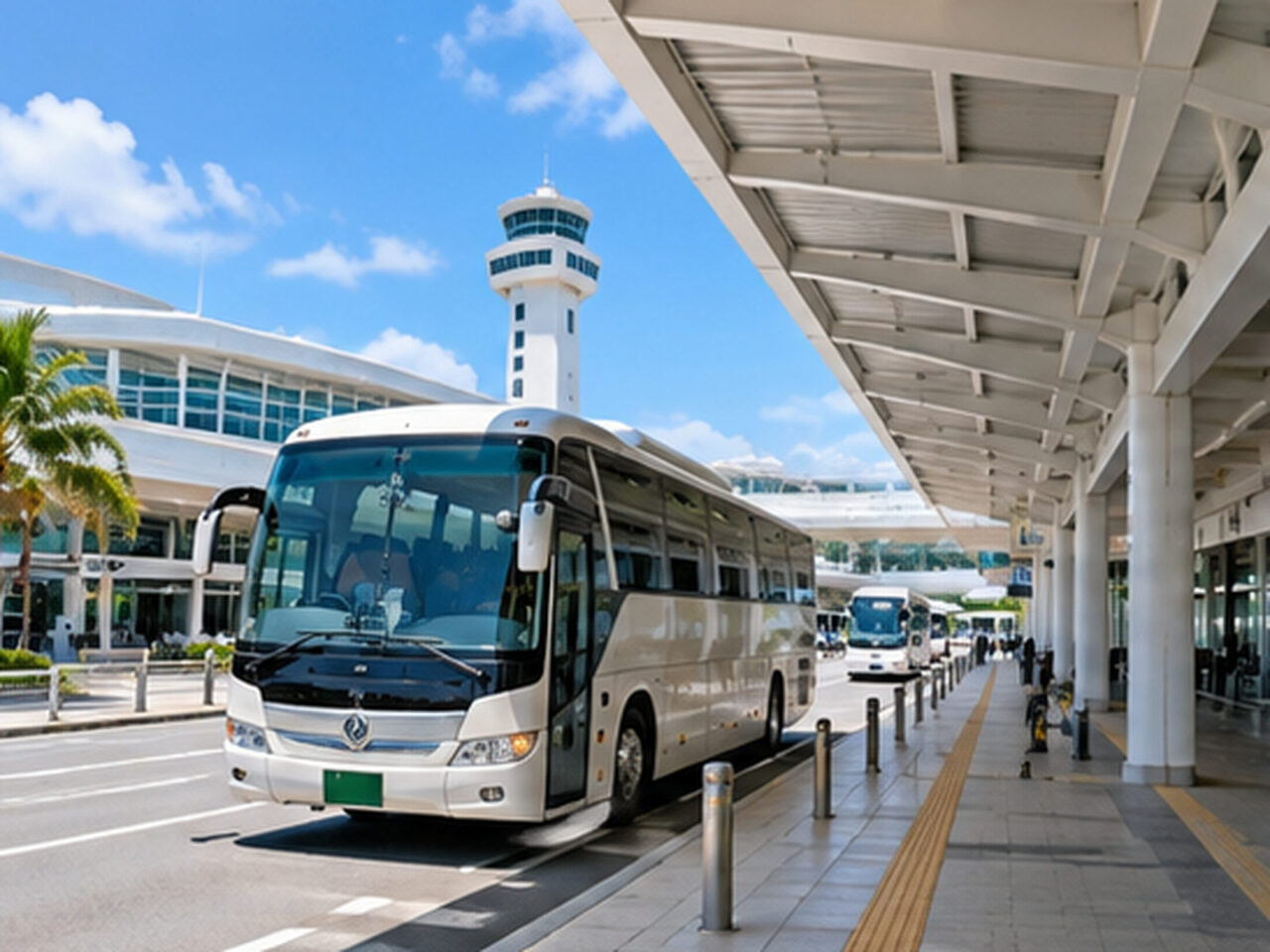 那覇空港のバス乗り場をイメージした空港ターミナルとバス