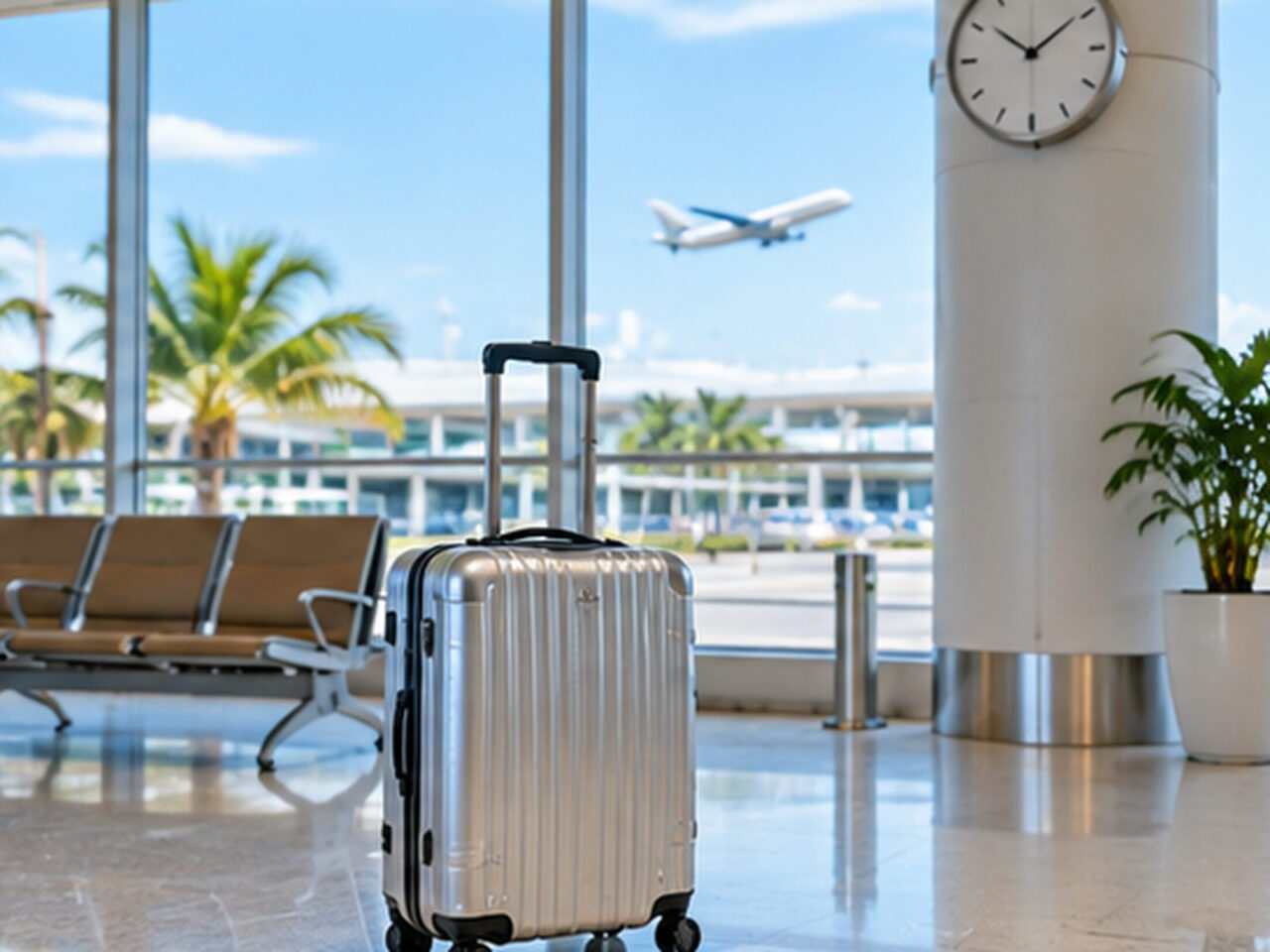 那覇空港でバス乗り継ぎを待つ旅行者の荷物のイメージ