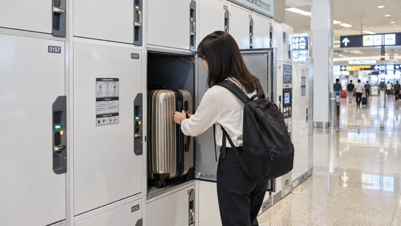 那覇空港の荷物預かりはどこ?料金・場所・時間を徹底比較! 7 空港のコインロッカーにスーツケースを入れる旅行者のイメージ