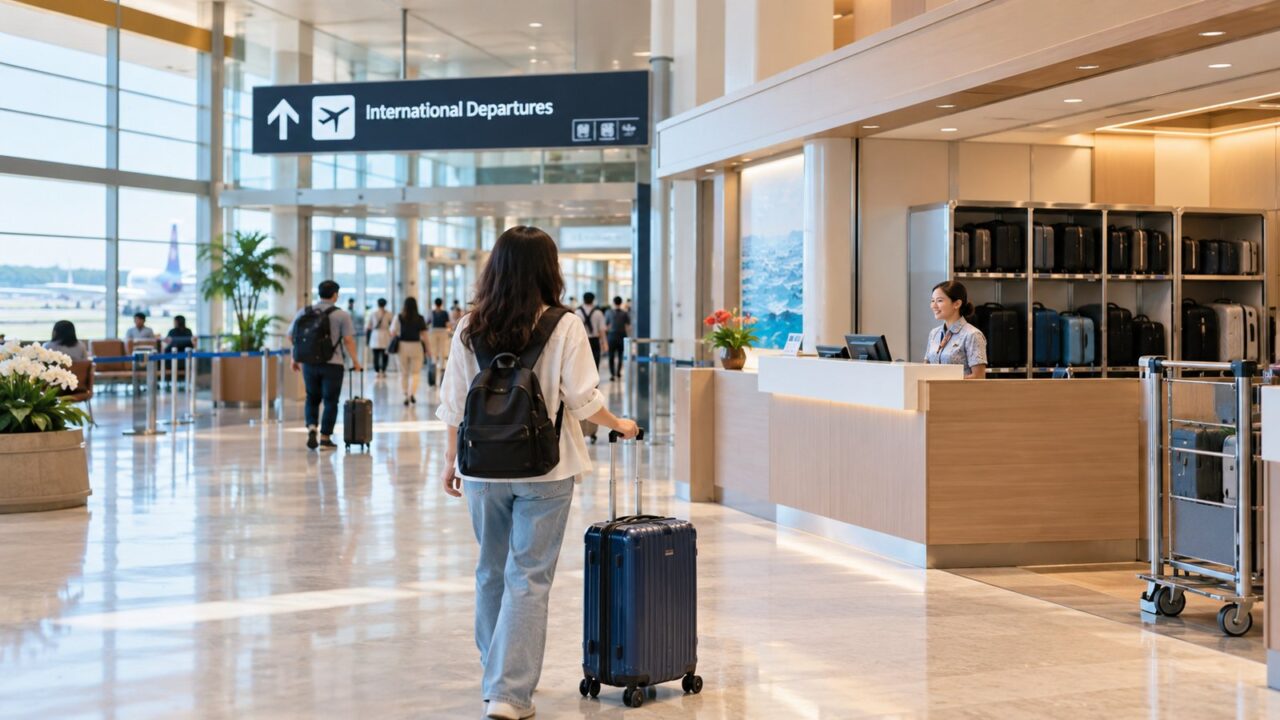 那覇空港の荷物預かりはどこ?料金・場所・時間を徹底比較! 6 国際線利用時に空港の手荷物預かりカウンターへ向かう旅行者のイメージ