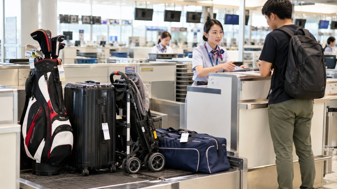 那覇空港の荷物預かりはどこ?料金・場所・時間を徹底比較! 11 ゴルフバッグやベビーカーなど大型荷物を空港カウンターで預けるイメージ