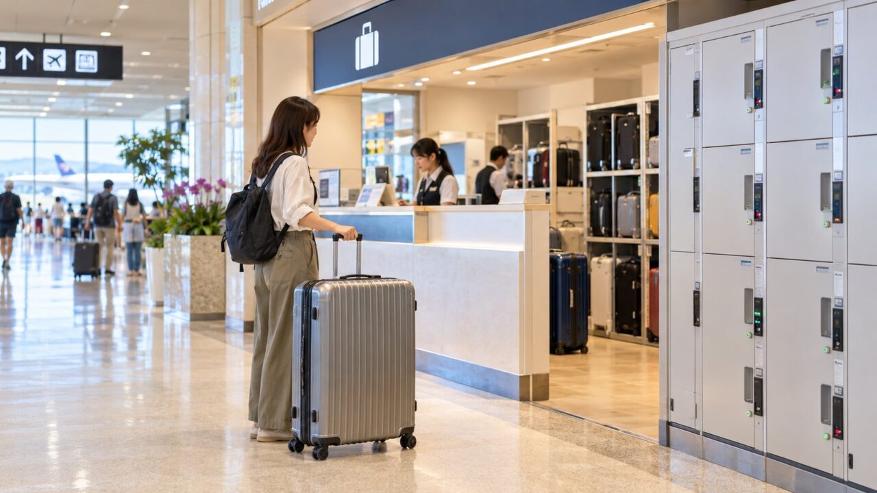那覇空港の荷物預かりはどこ?料金・場所・時間を徹底比較! 1 那覇空港でスーツケースを預ける旅行者のイメージ