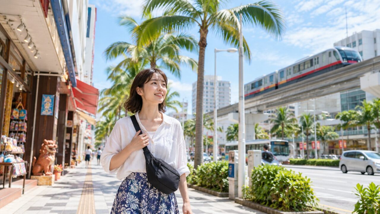 那覇空港の荷物預かりはどこ?料金・場所・時間を徹底比較! 12 荷物を預けて身軽に那覇市内を観光する旅行者のイメージ