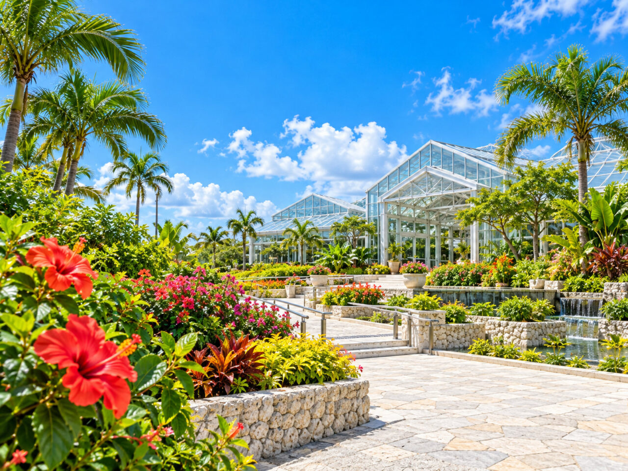 熱帯ドリームセンターの見学をイメージした南国植物の庭園