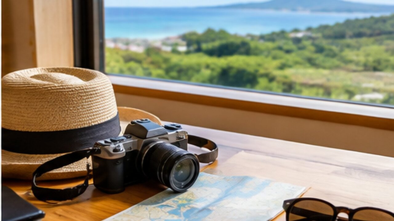 海の見える窓辺で沖縄旅行を計画するイメージ