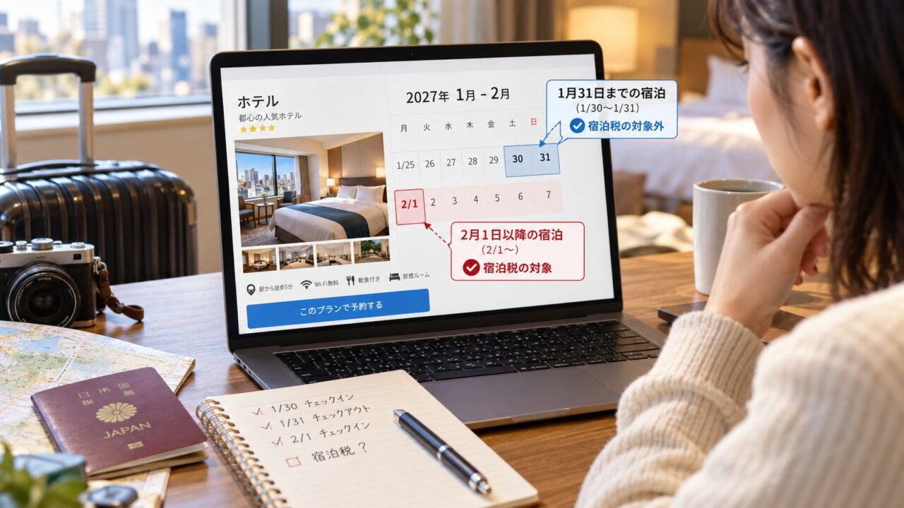 ホテル予約画面で2027年1月31日までと2月1日以後の宿泊税対象を確認する旅行者
