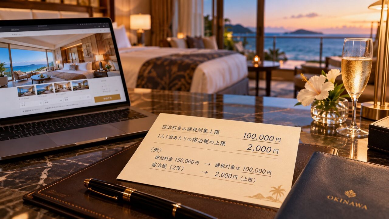 沖縄の高級リゾートホテル客室と宿泊料金10万円、宿泊税2000円の上限を示すメモ