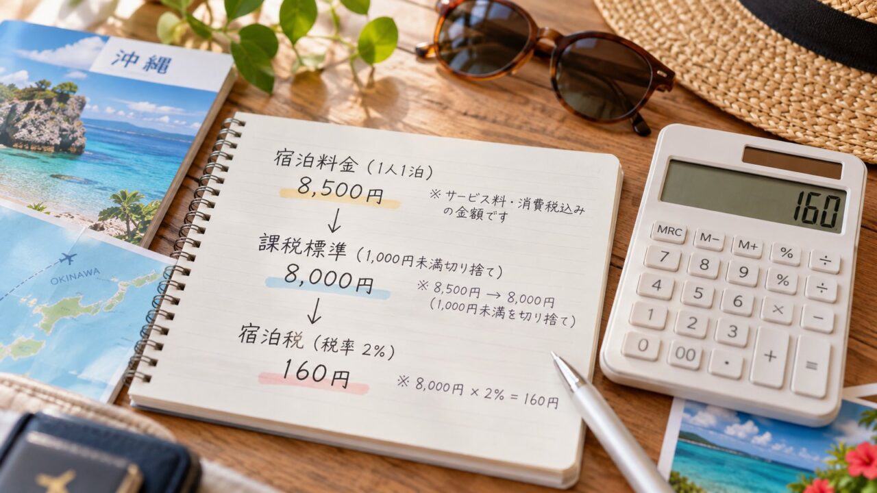 宿泊料金8500円を1000円未満切り捨てで8000円とし2パーセントの160円を計算するノート