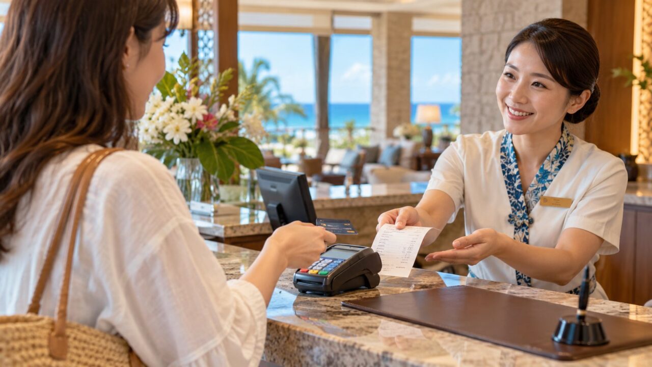 沖縄のリゾートホテルフロントで旅行者がカード払いをして明細を受け取るイメージ