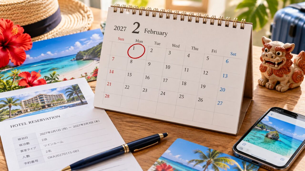 2027年2月1日に丸印を付けた沖縄旅行のカレンダーとホテル予約票