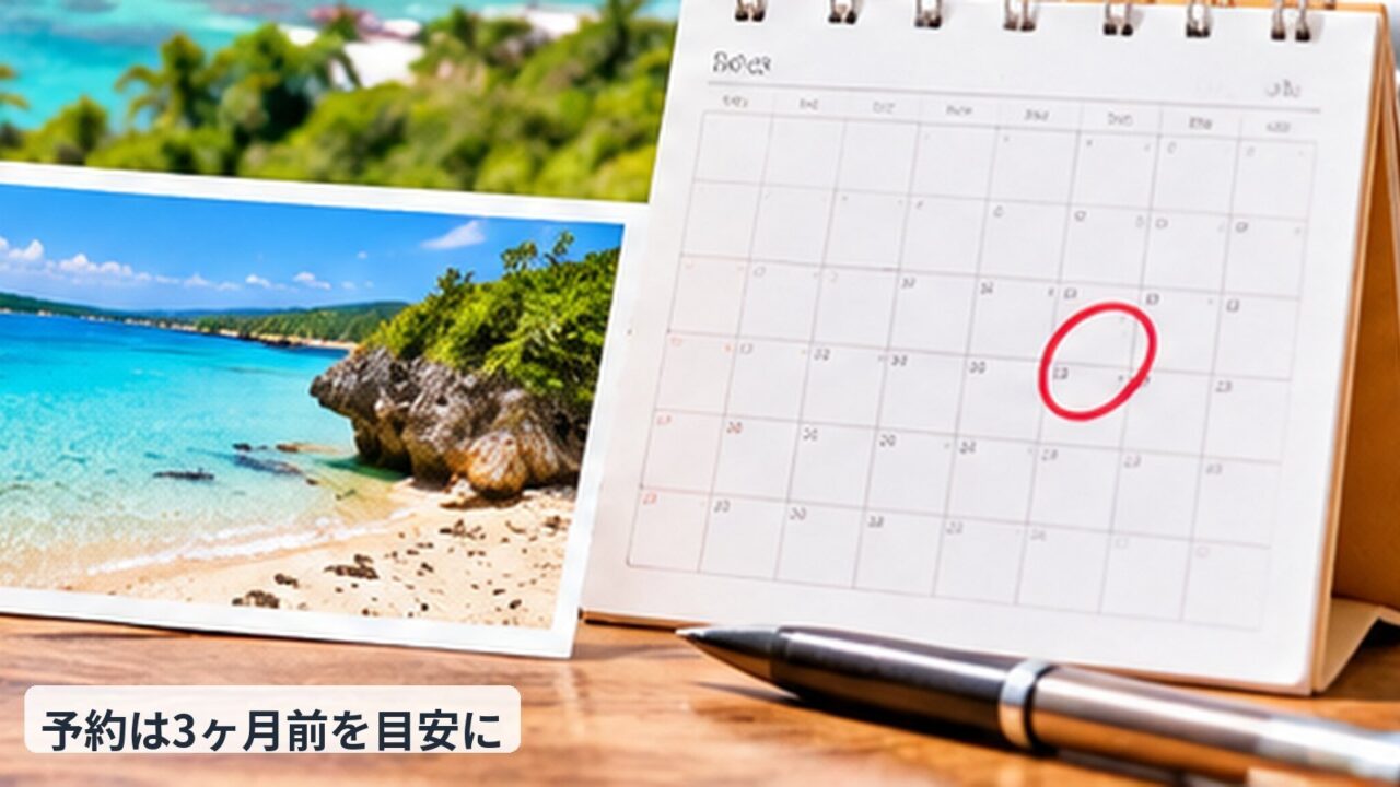 カレンダーと沖縄の海を見ながら旅行予約の時期を考えるイメージ