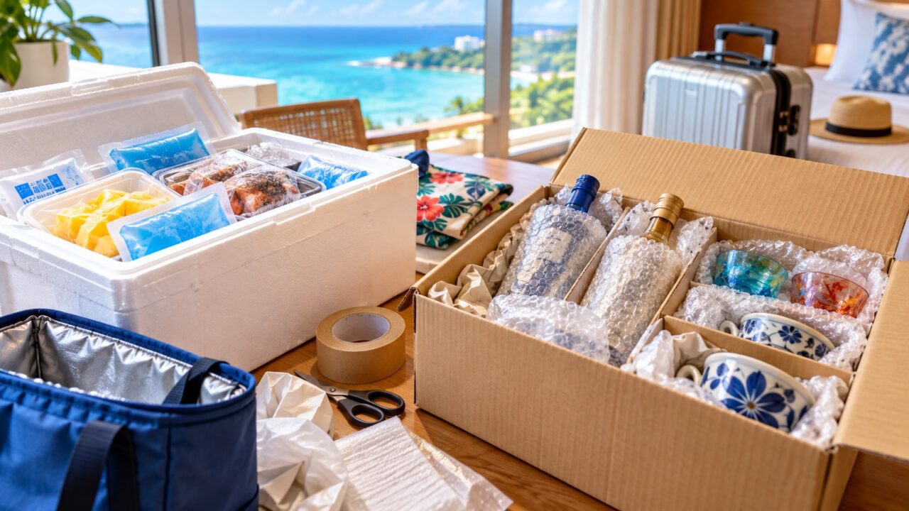 沖縄旅行の荷物は宅配で送れる?送料・日数・ホテルへの送り方 6 保冷箱と緩衝材を使って冷蔵品や割れ物を梱包するイメージ