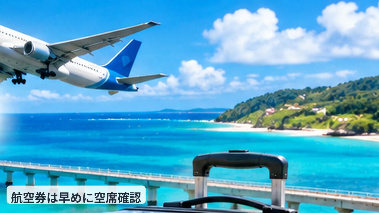 沖縄の海上を飛ぶ飛行機とスーツケースのイメージ