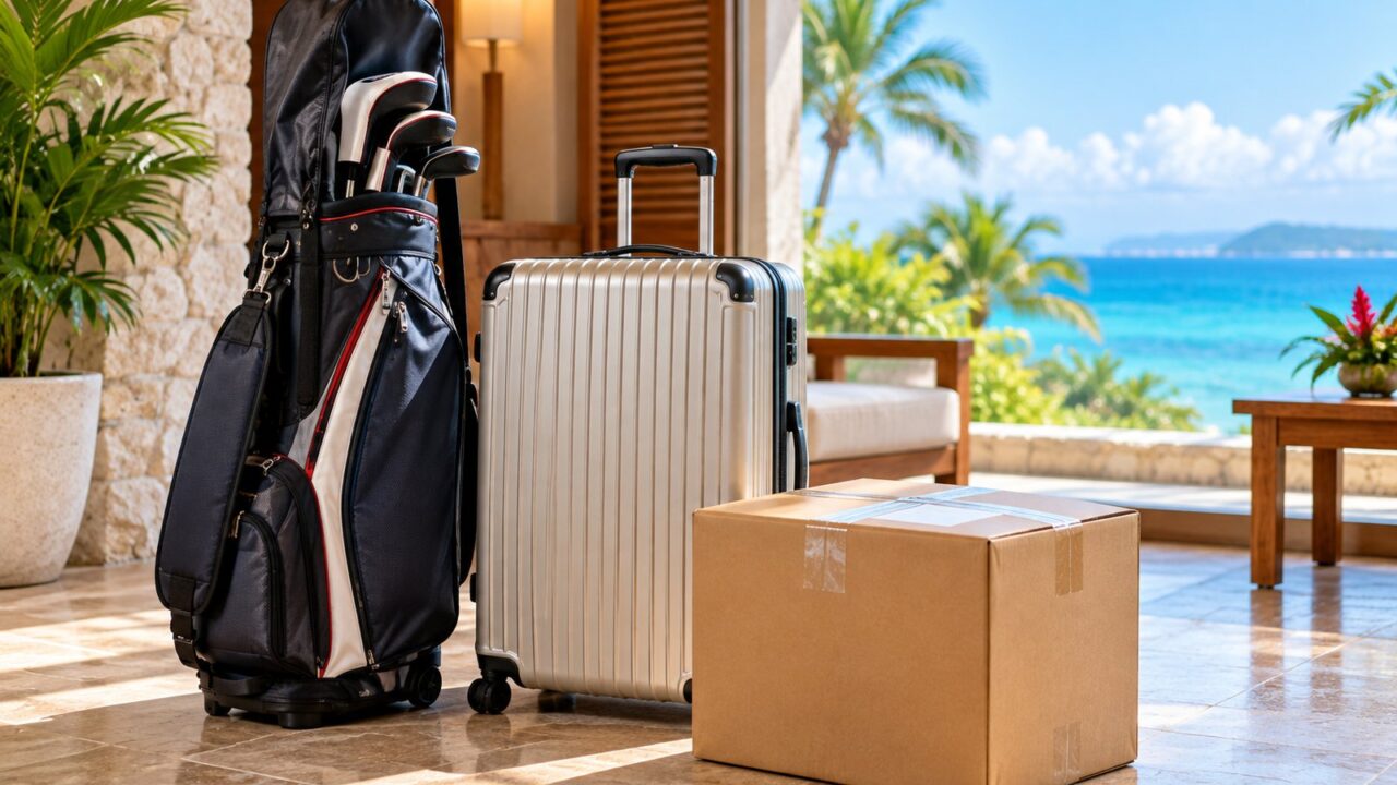 沖縄旅行の荷物は宅配で送れる?送料・日数・ホテルへの送り方 7 ゴルフバッグとスーツケースを沖縄へ事前発送するイメージ