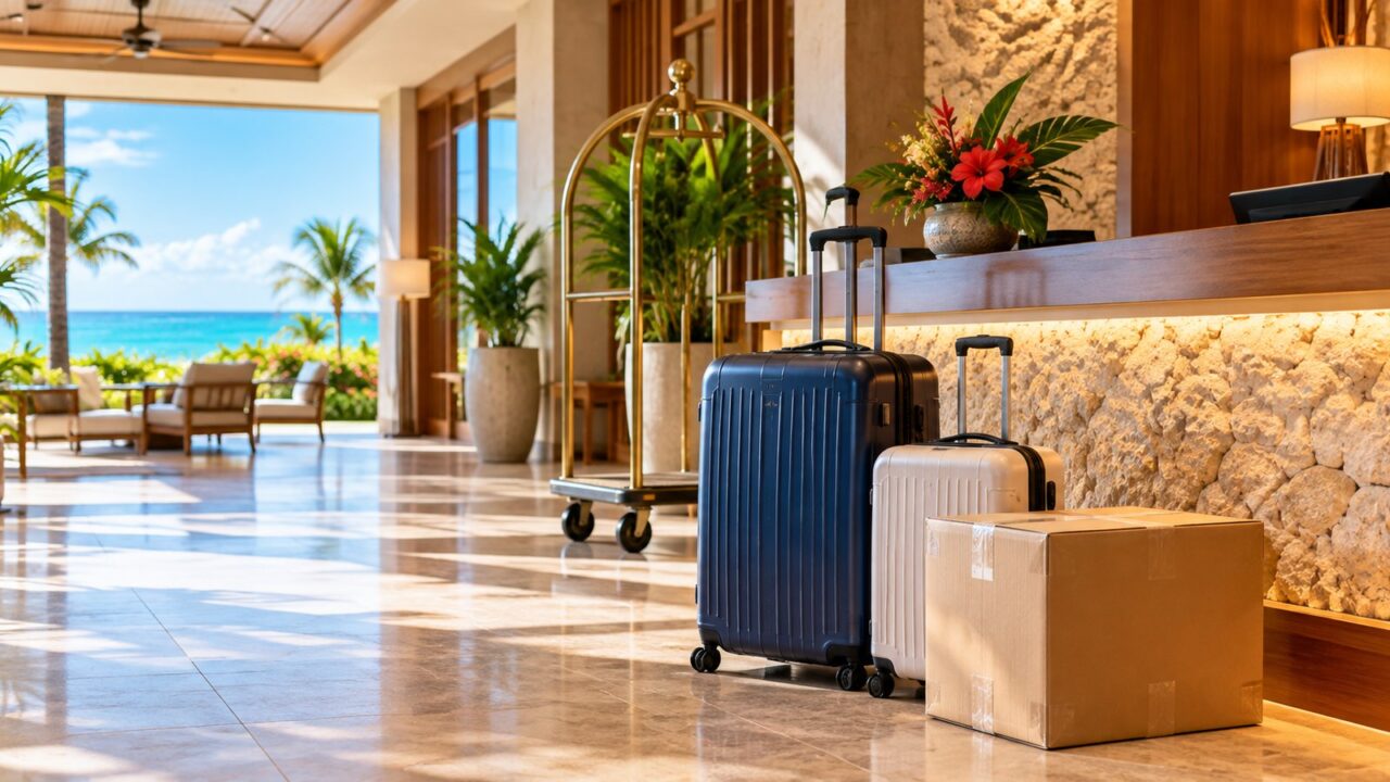 沖縄旅行の荷物は宅配で送れる?送料・日数・ホテルへの送り方 4 沖縄のホテルフロント付近に届いたスーツケースと宅配荷物のイメージ