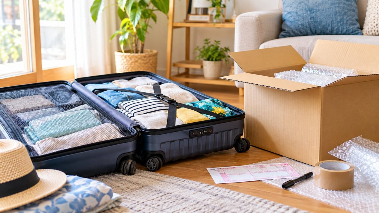 沖縄旅行の荷物は宅配で送れる?送料・日数・ホテルへの送り方 1 沖縄旅行前にスーツケースと段ボールを使って荷物を発送する準備のイメージ