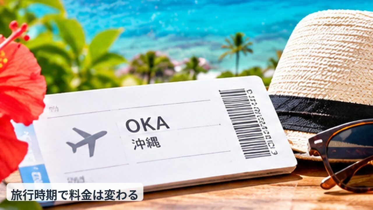 沖縄の海と旅行小物を使って旅行時期による料金差を表したイメージ