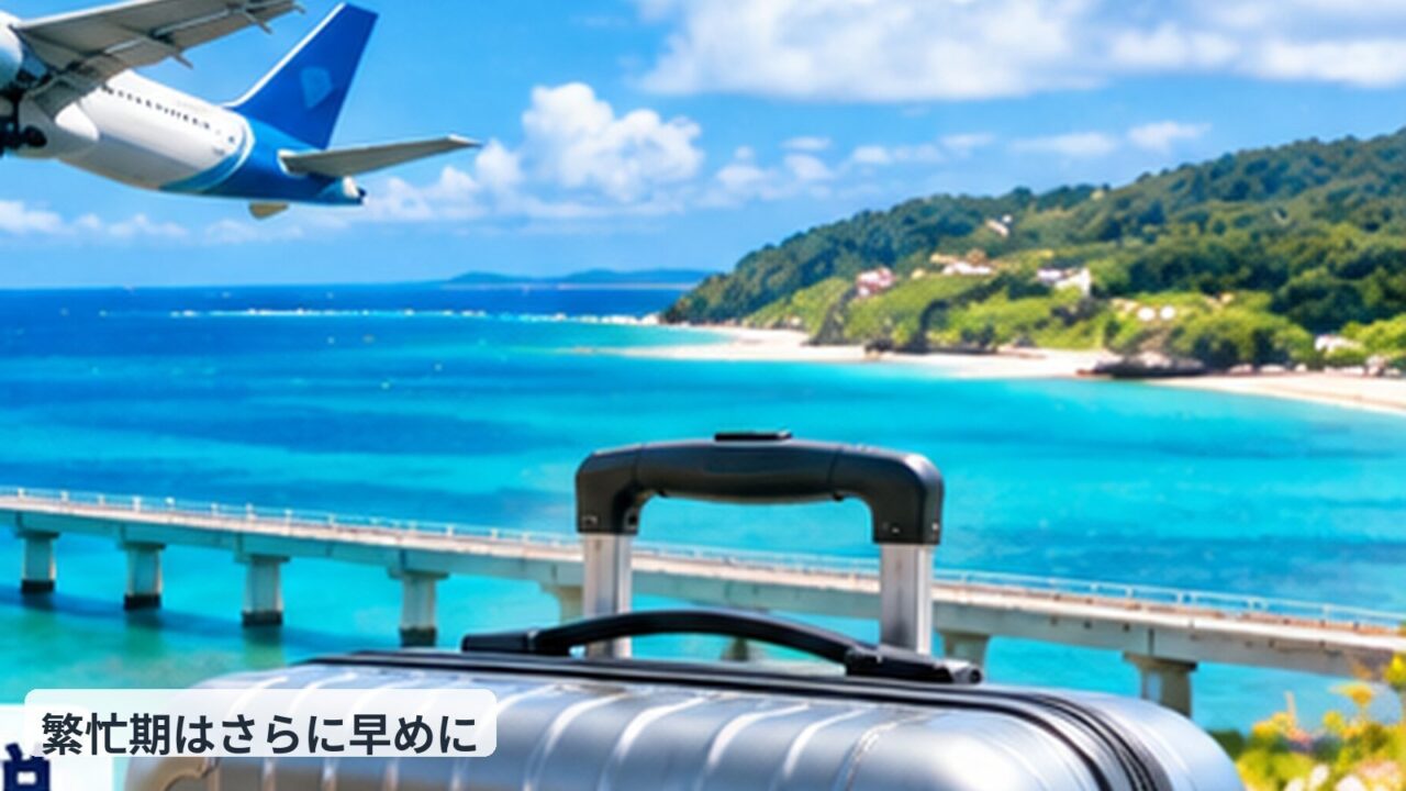 沖縄の海と飛行機とスーツケースを組み合わせた繁忙期旅行のイメージ