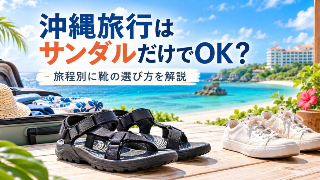 沖縄旅行でサンダルだけで過ごせる場面とスニーカーが必要な場面を旅程別に解説する記事のアイキャッチ