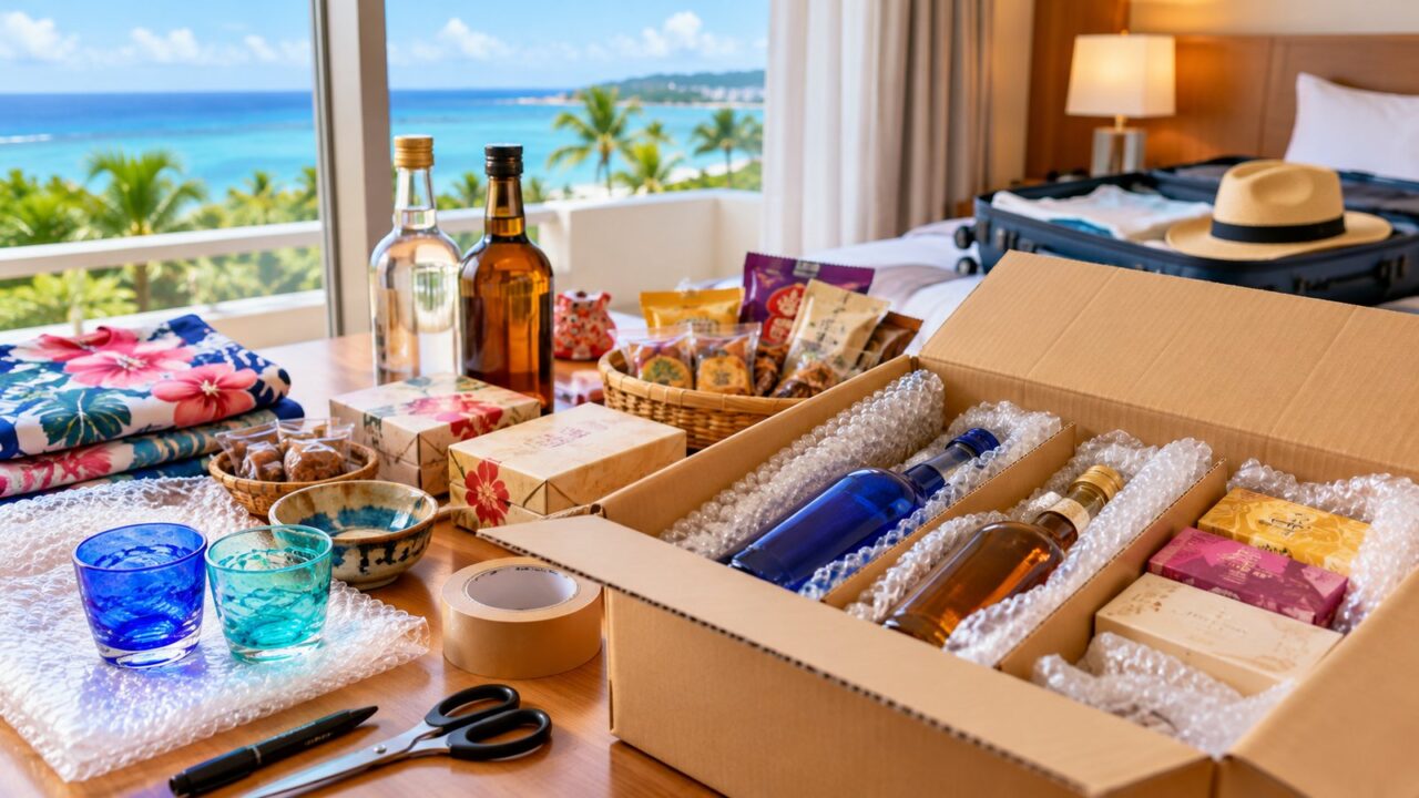 沖縄旅行の荷物は宅配で送れる?送料・日数・ホテルへの送り方 5 泡盛や沖縄土産を緩衝材で梱包して自宅へ送るイメージ