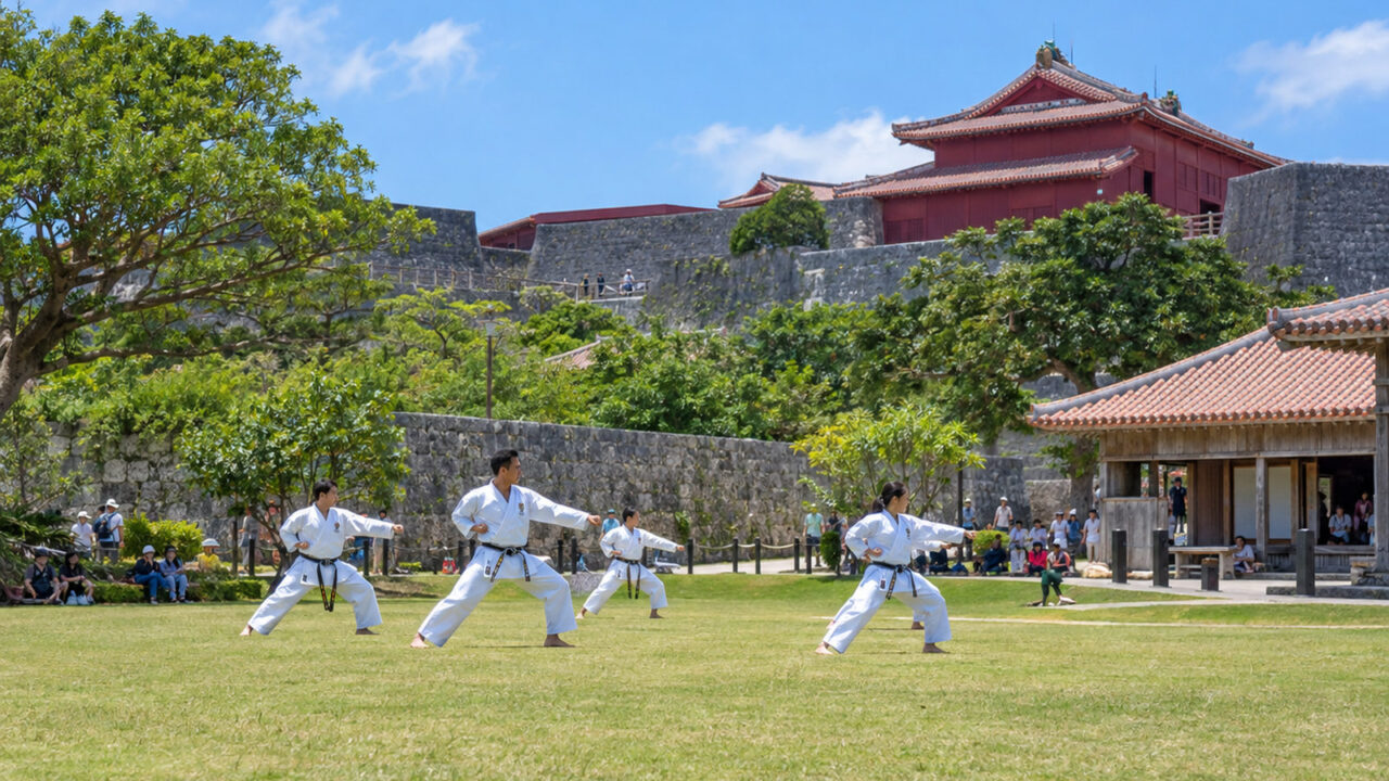 沖縄空手の演武を歴史的な建築のそばで行う場面のイメージ