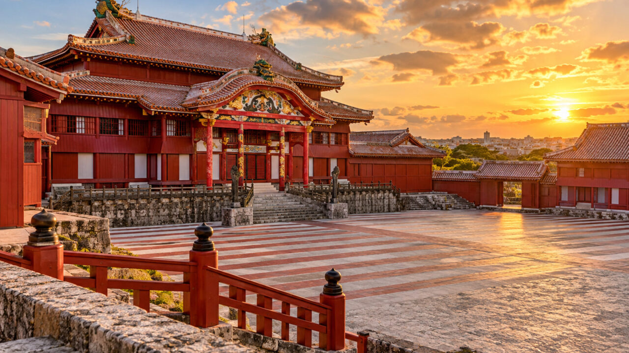 赤瓦の琉球王宮風建築と石畳の広場を表現した夕景