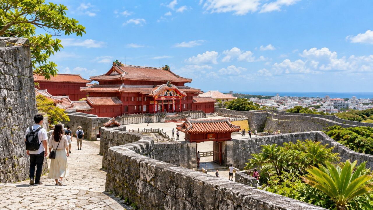 青空の下で首里城正殿と城郭を望みながら歩く旅行者のイメージ