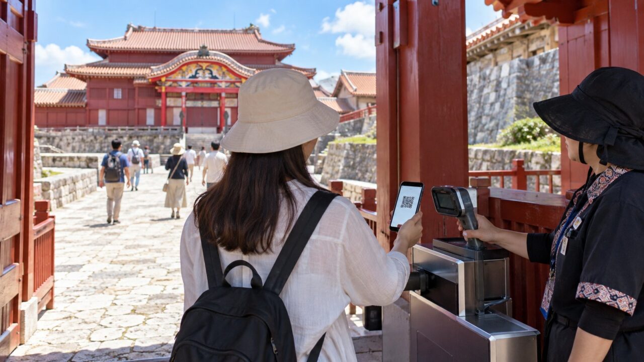 首里城の入口でスマートフォンに表示したQRコードを係員へ提示する旅行者