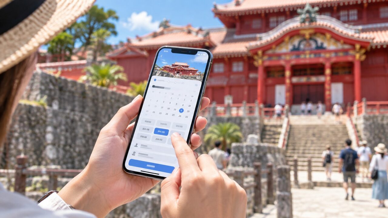 首里城正殿を背景にスマートフォンで観覧日時を選ぶ旅行者の手元