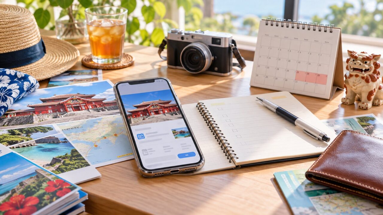 首里城の写真やスマートフォン、カレンダーを広げて沖縄旅行の日程を計画するテーブル