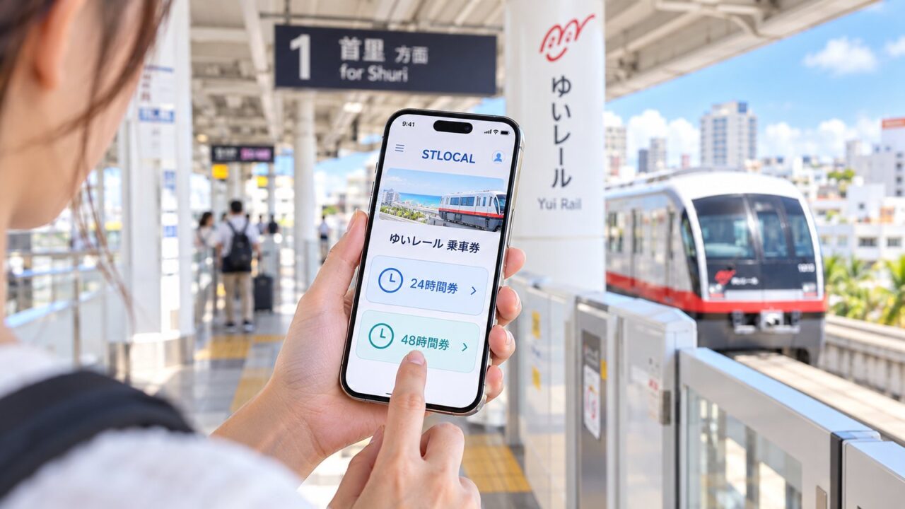 STLOCALアプリに表示されたゆいレール24時間券と48時間券を選択するスマートフォン画面