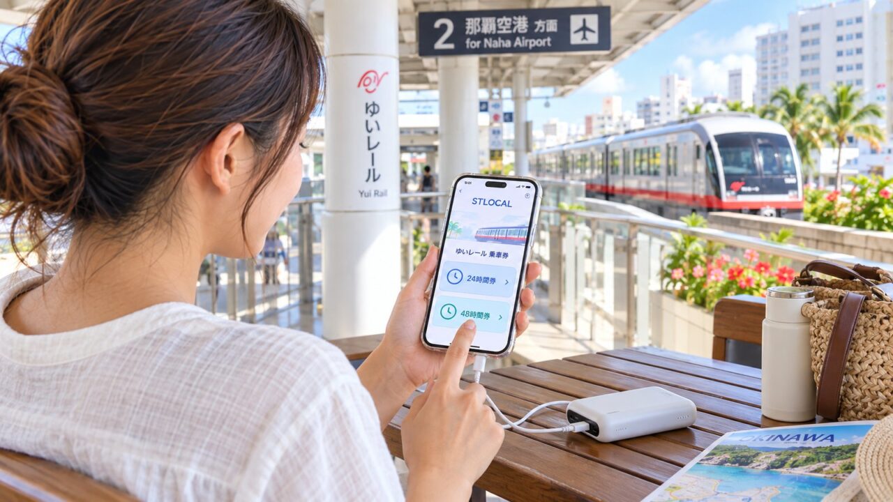 ゆいレール駅近くでSTLOCALを開いたスマートフォンをモバイルバッテリーで充電する旅行者