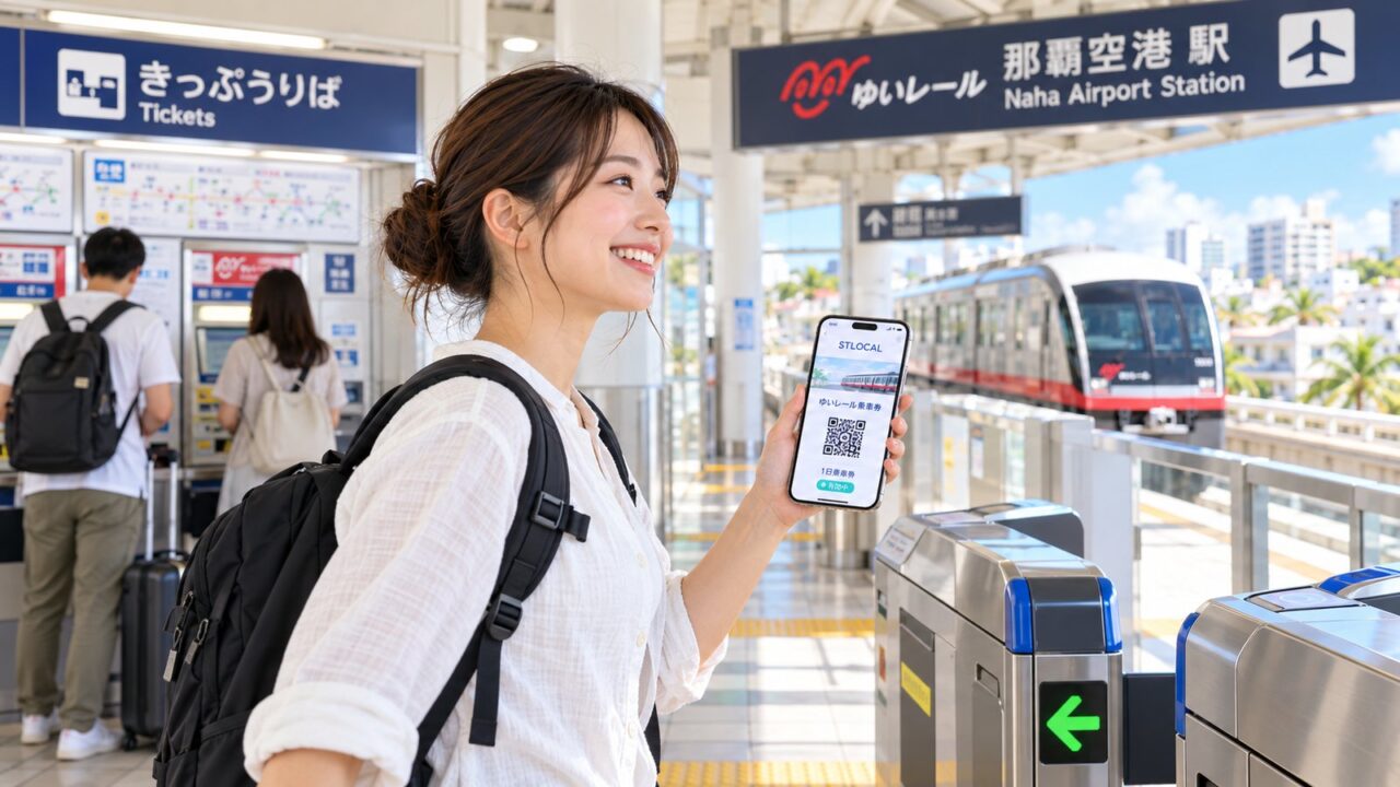 ゆいレール那覇空港駅でSTLOCALの電子チケットをスマートフォンに表示する旅行者