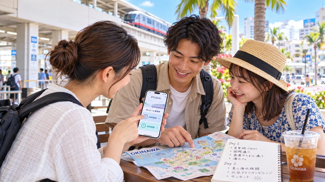 沖縄の観光マップを囲みSTLOCALのデジタルチケットを見ながら旅程を相談する旅行者