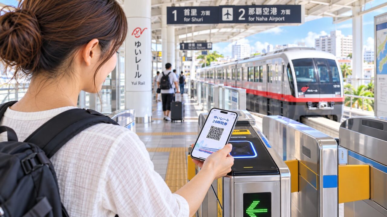 ゆいレールの自動改札でスマートフォンに表示したQR乗車券を読み取らせる旅行者