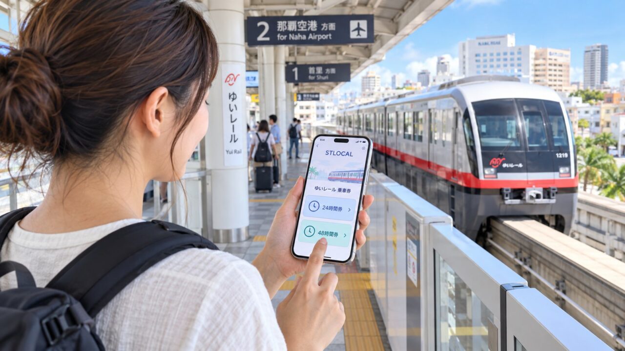 ゆいレールの駅ホームでSTLOCALアプリから24時間券と48時間券を選ぶ旅行者