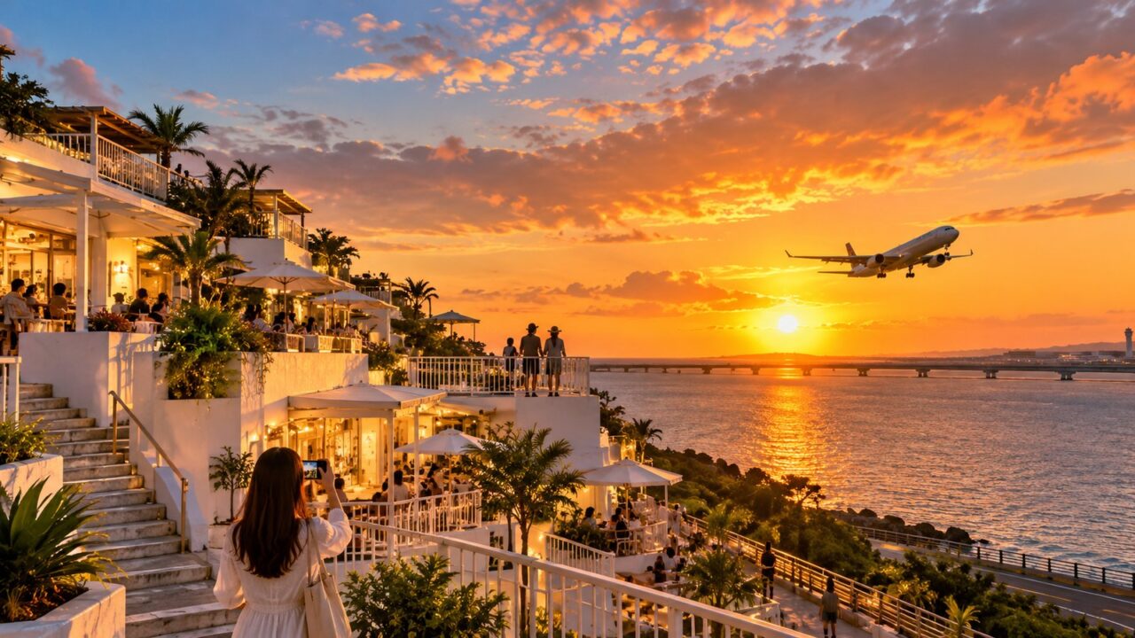 夕日に染まる海と飛行機を眺めながら写真撮影を楽しむイメージ