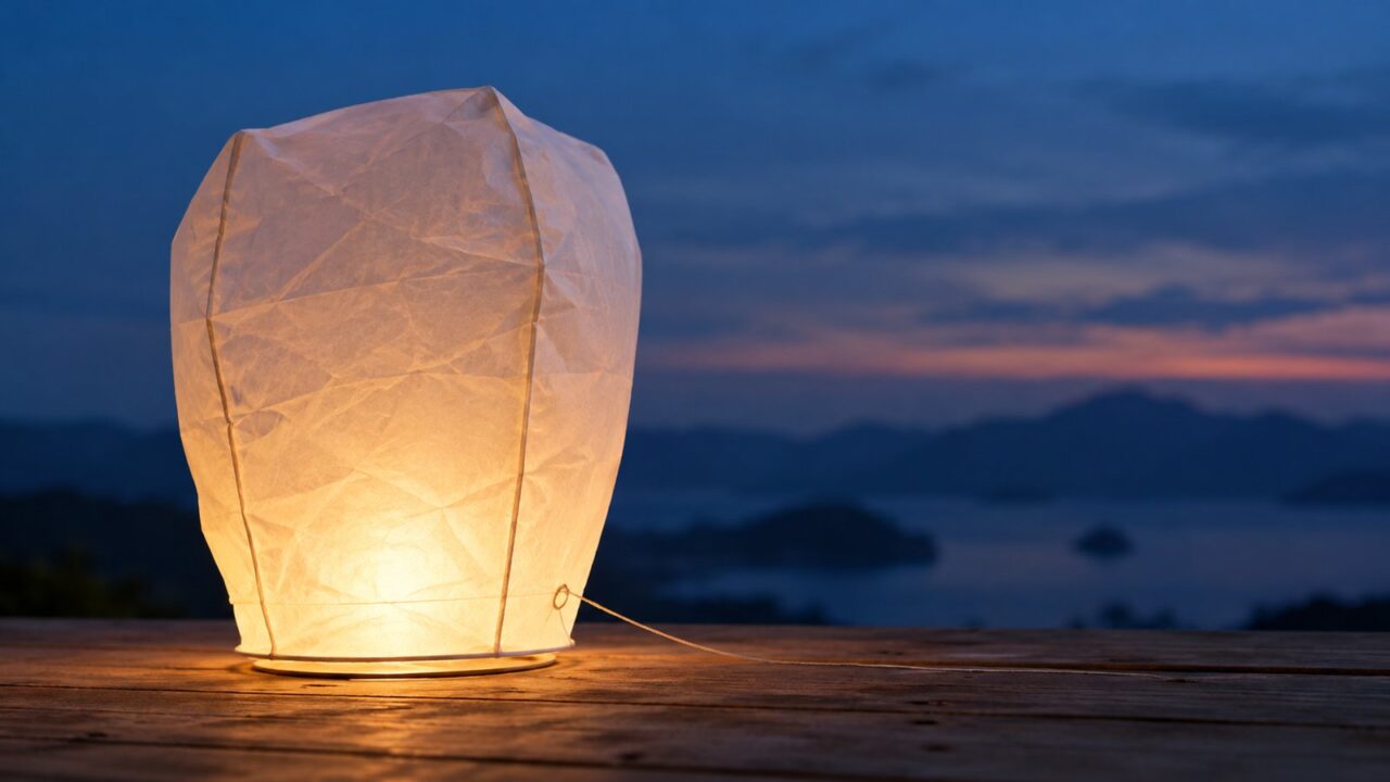 夕暮れの背景に温かな明かりがともる紙製ランタンのイメージ