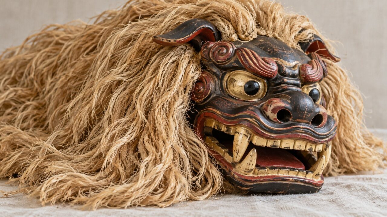 木彫りの顔と繊維状の毛に覆われた沖縄の獅子舞をイメージした画像